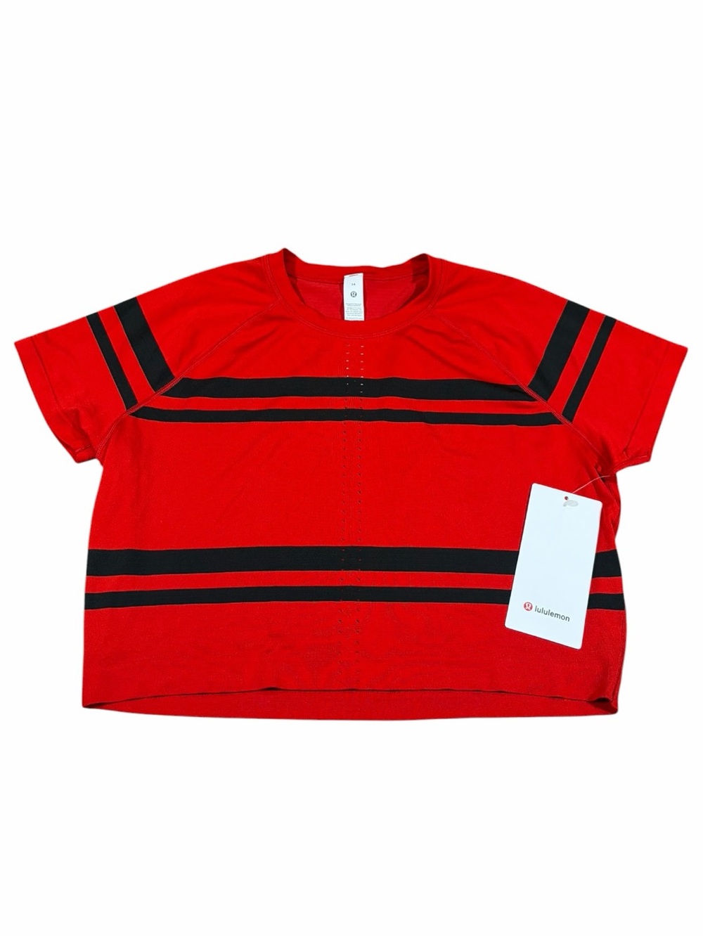 NWT Lululemon Swiftly Tech Cropped Short-Sleeve 2.0 (Stripe Oxford Red Black) 14